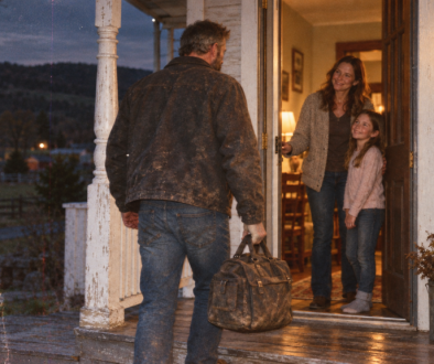 Father arriving home from work as his wife and child welcome him at the doorway.