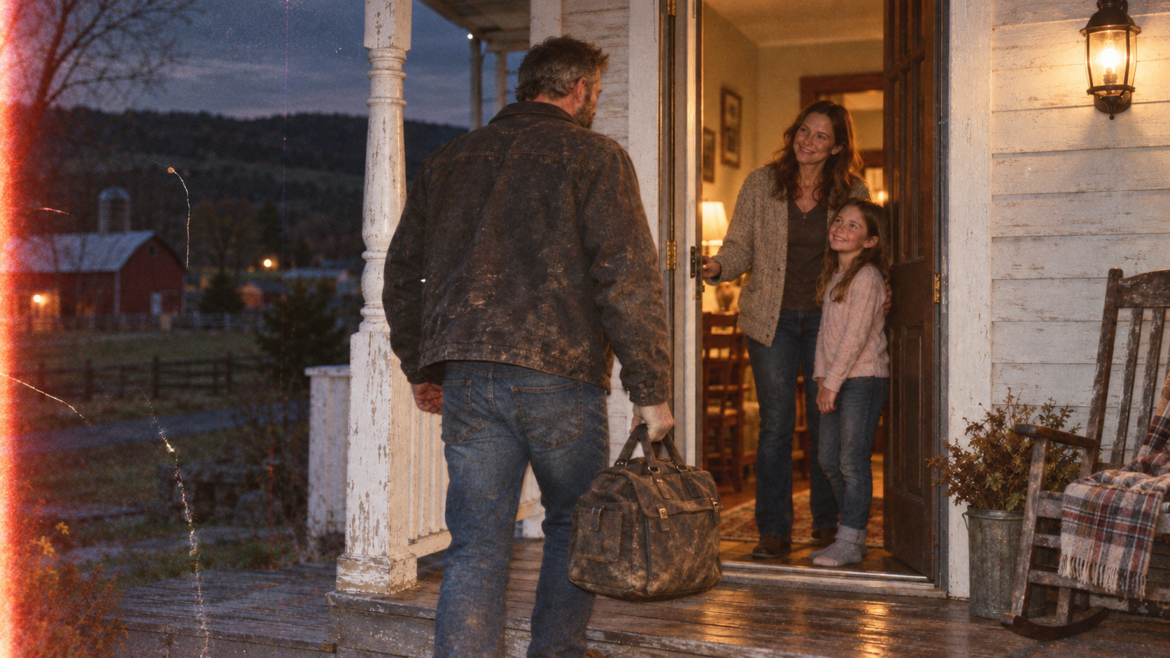 Father arriving home from work as his wife and child welcome him at the doorway.