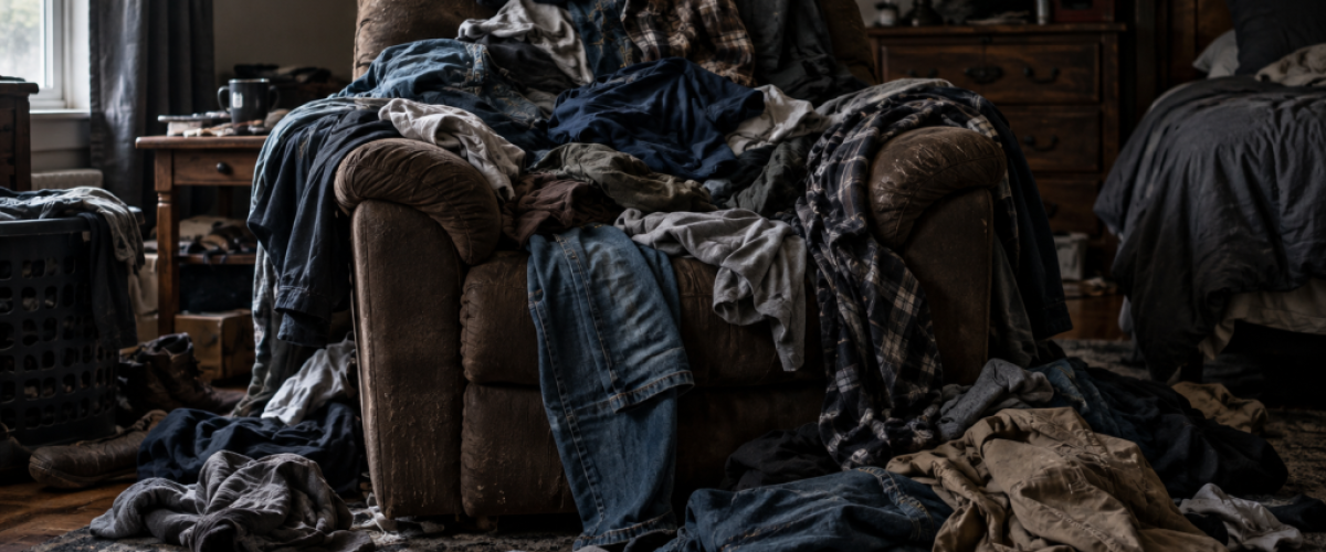 Buried Recliner Beneath a Laundry Heap