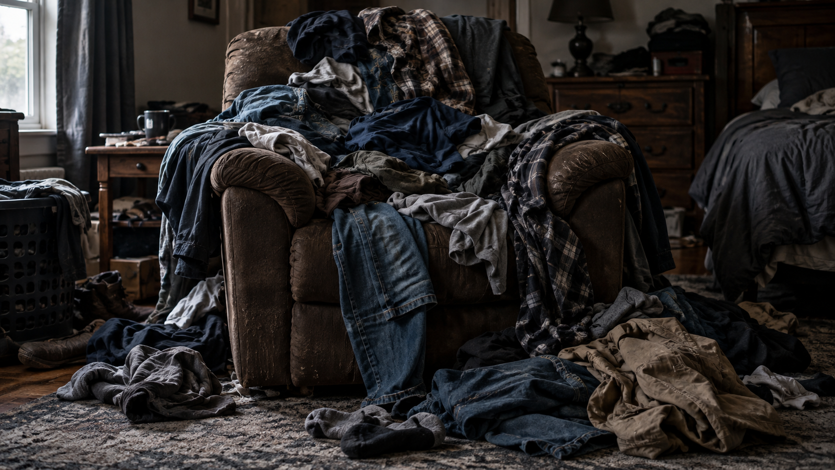Buried Recliner Beneath a Laundry Heap