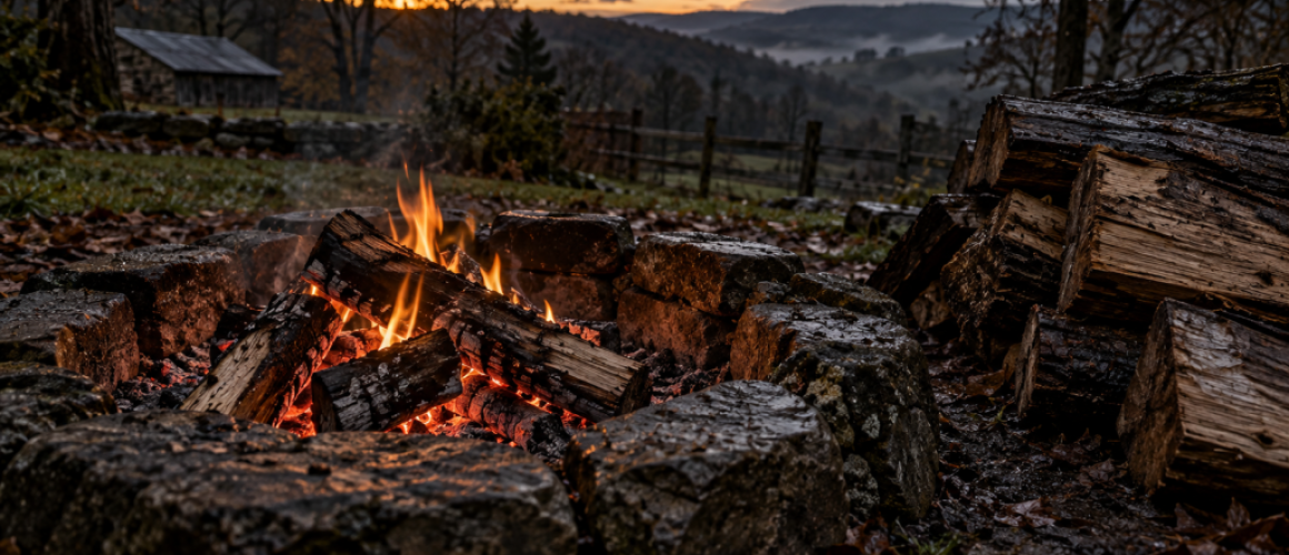 Small fire burning in a weathered stone fire pit beside damp logs at dusk.