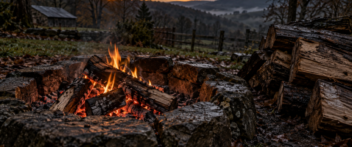 Small fire burning in a weathered stone fire pit beside damp logs at dusk.
