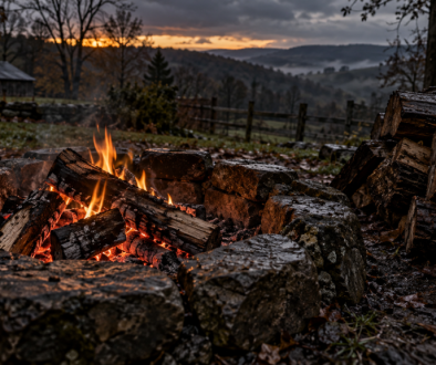 Small fire burning in a weathered stone fire pit beside damp logs at dusk.