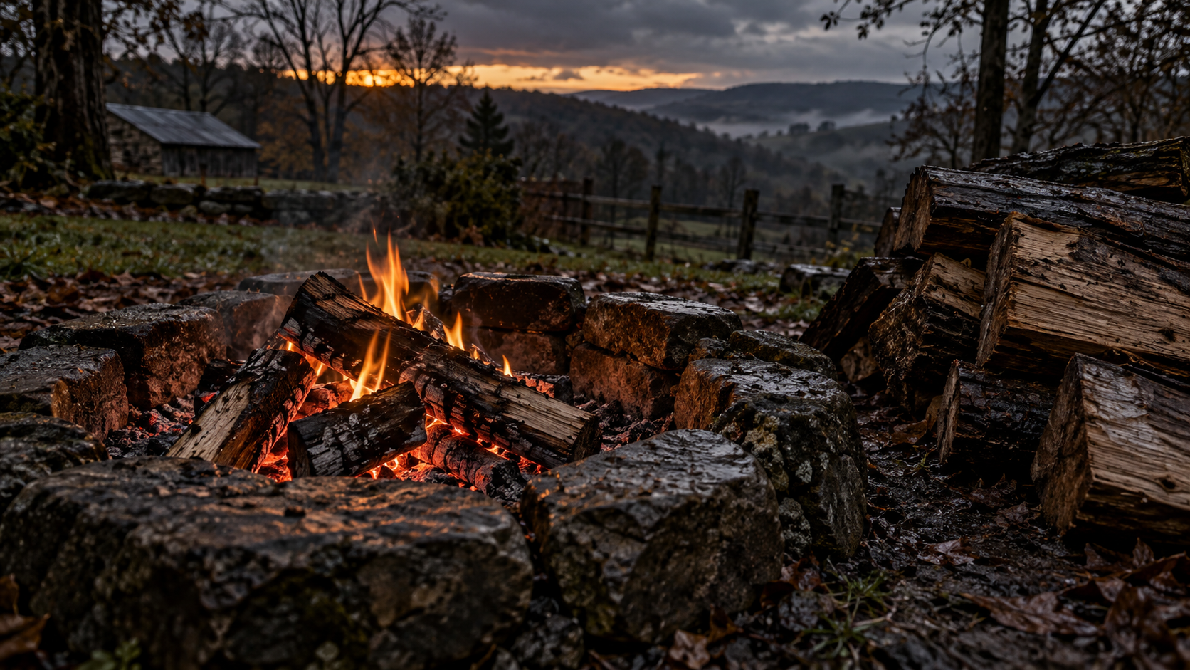 Small fire burning in a weathered stone fire pit beside damp logs at dusk.
